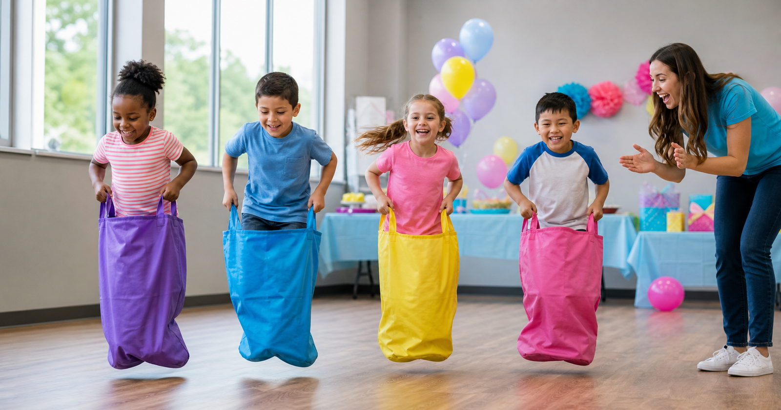 Children participating in a potato sack race