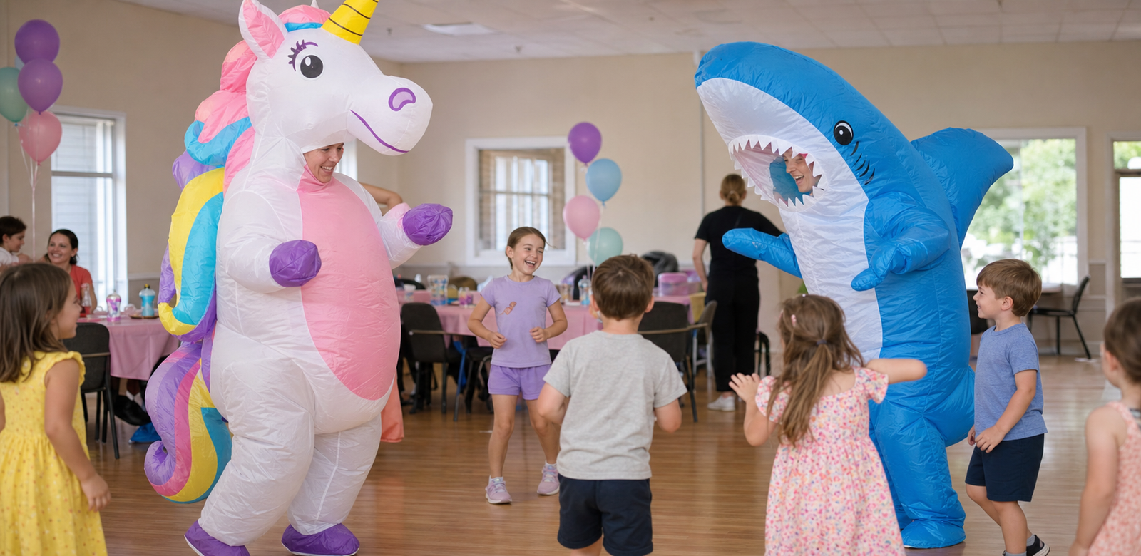 Inflatable unicorn and shark entertainers dancing with children