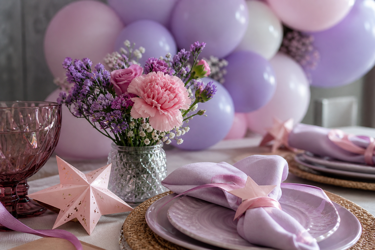 Close-up of coordinated flowers, balloons and table decorations