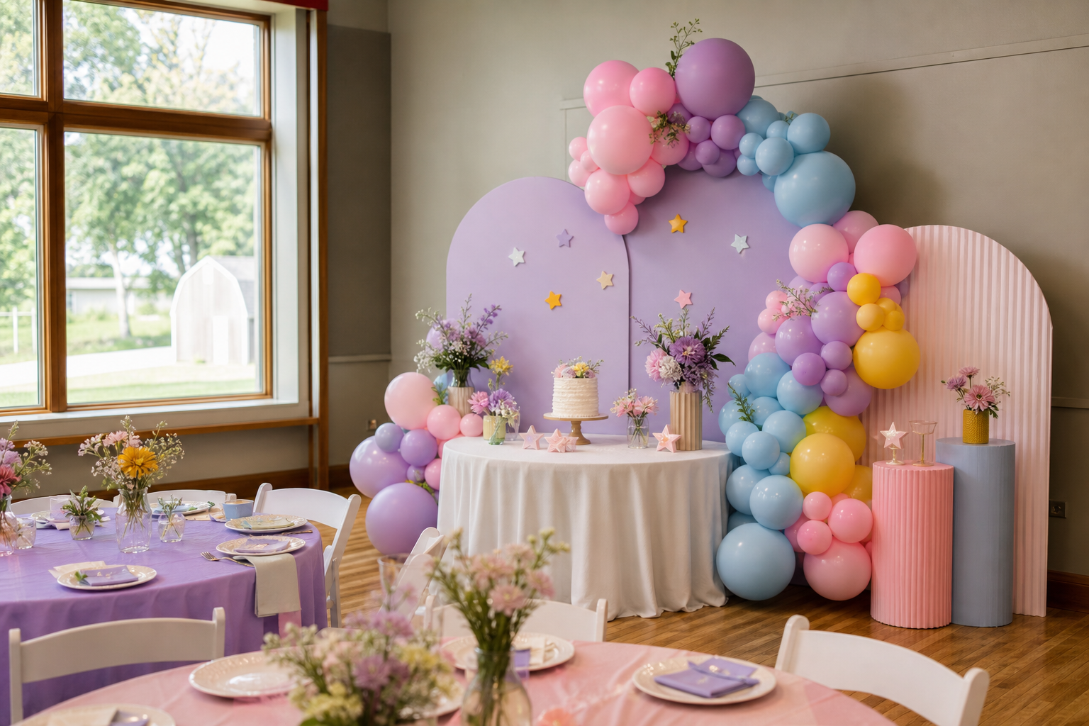 Colourful children's birthday party decorations and table setup