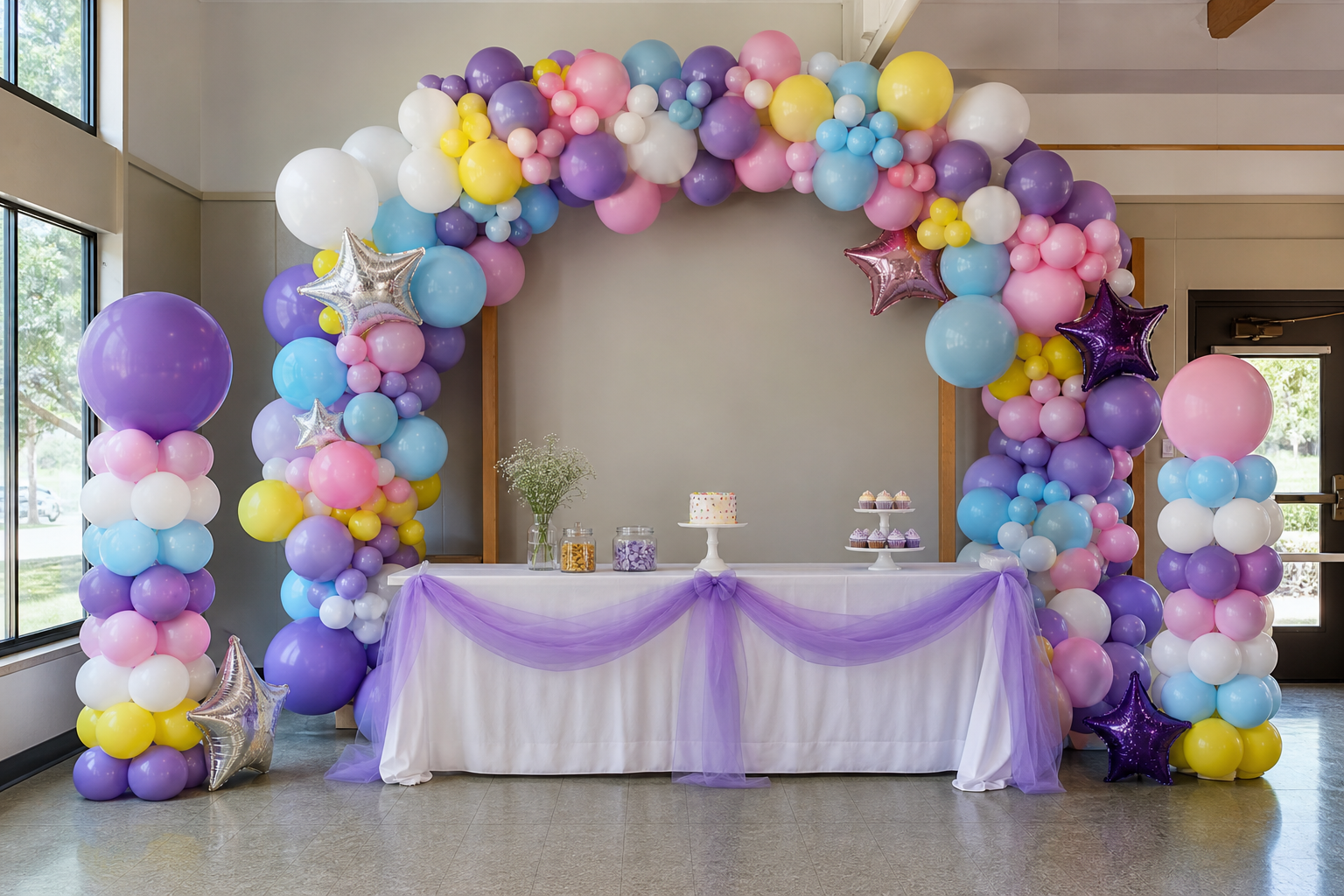 Colourful professional balloon arch and party setup