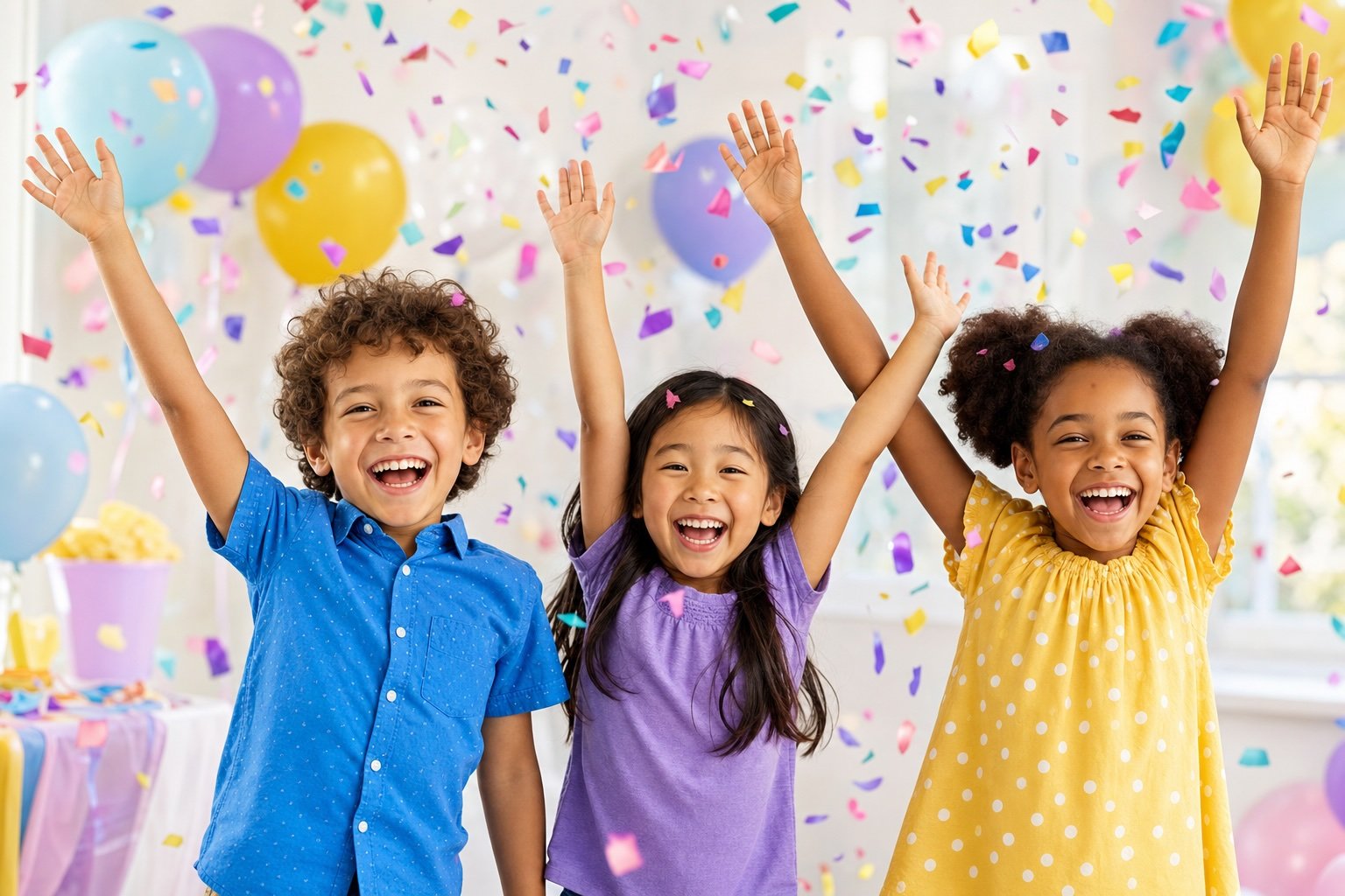 Three children celebrating together at a birthday party
